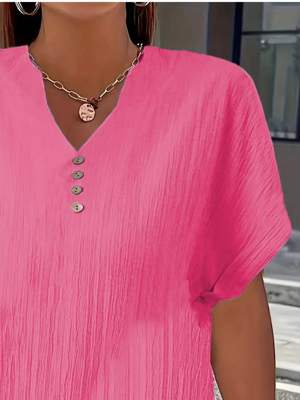 Plus Size Notched Short Sleeve Textured Top