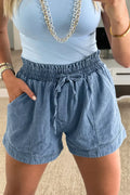 Smocked Elastic Waist Denim Shorts
