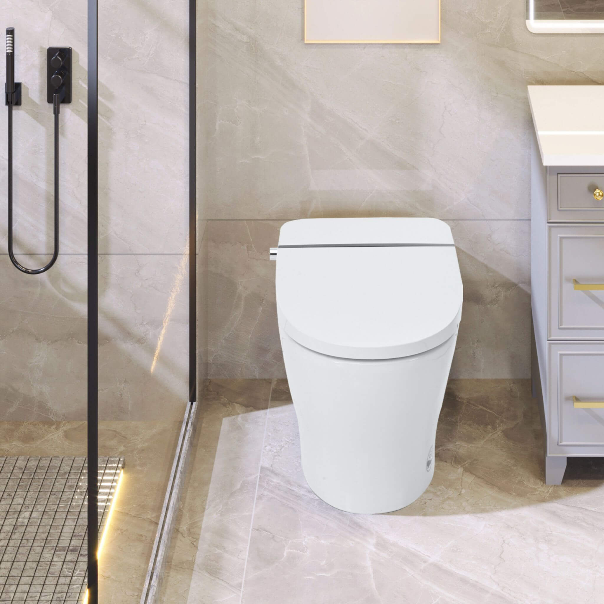 Nuvia 1/1.28 GPF Smart Compact Dual Flush Tankless Toilet Bidet Combo With Self-Cleaning Nozzle And Foot Sensor Flush (SAK580