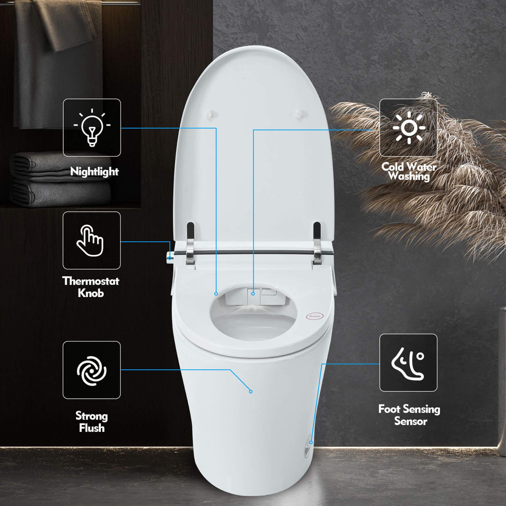 Nuvia 1/1.28 GPF Smart Compact Dual Flush Tankless Toilet Bidet Combo With Self-Cleaning Nozzle And Foot Sensor Flush (SAK580