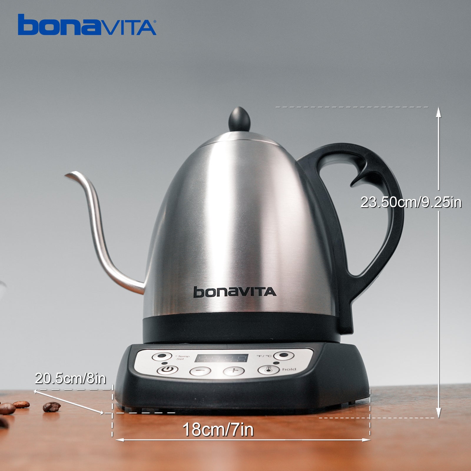 Bonavita Classic 1.0L Gooseneck Precision Temperature Electric Kettle| Coffee Brew and Tea, 1200 Watt, LED Panel, Stainless S