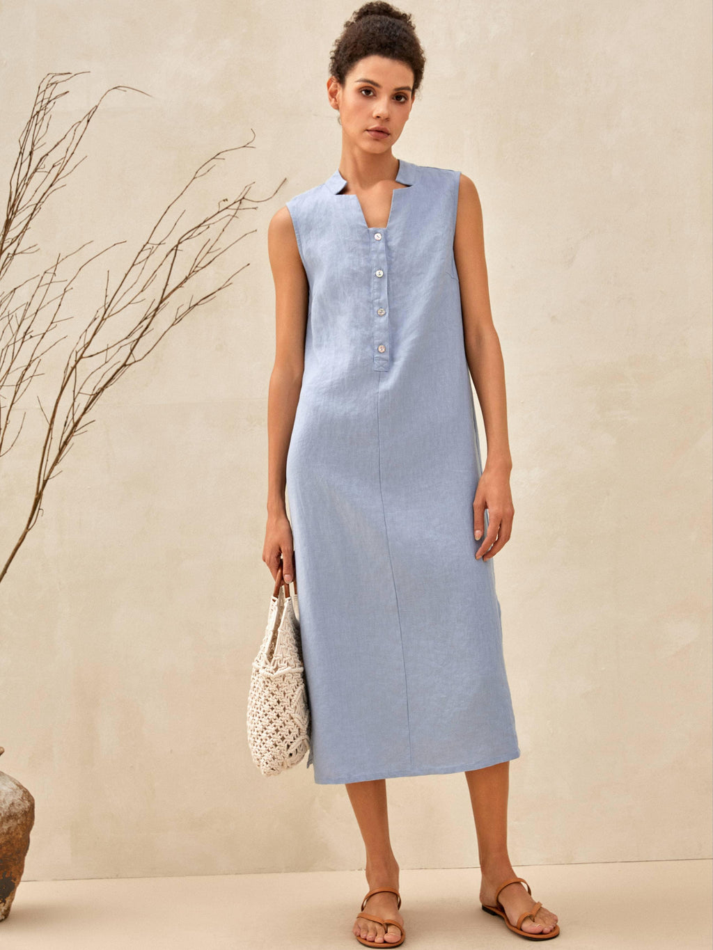 LINTICO 100% Linen Sleeveless Straight High Slit Maxi Dress TAYLOR — main product shot