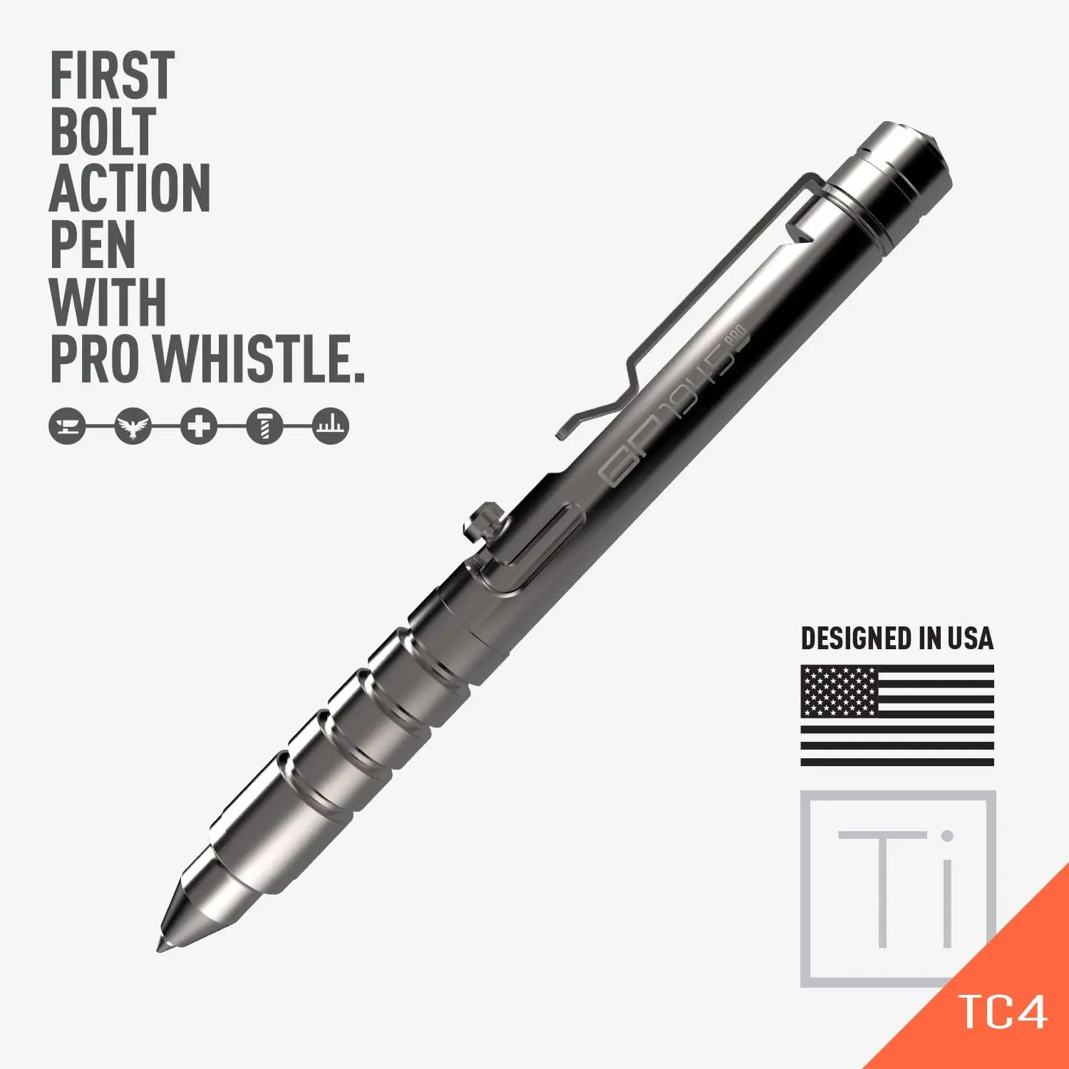 GPCA GP 1945 Bolt-Action Pen PRO — Titanium & Aluminum EDC — flat-lay composition