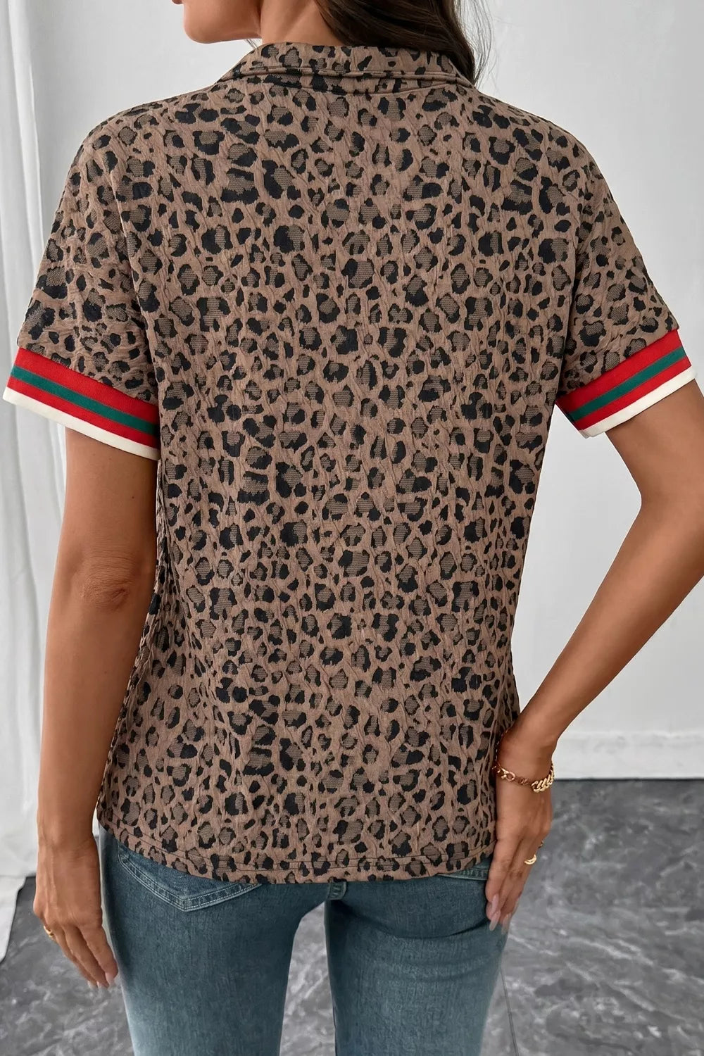 Leopard Jacquard Striped Patchwork Half Zip Short Sleeve Blouse
