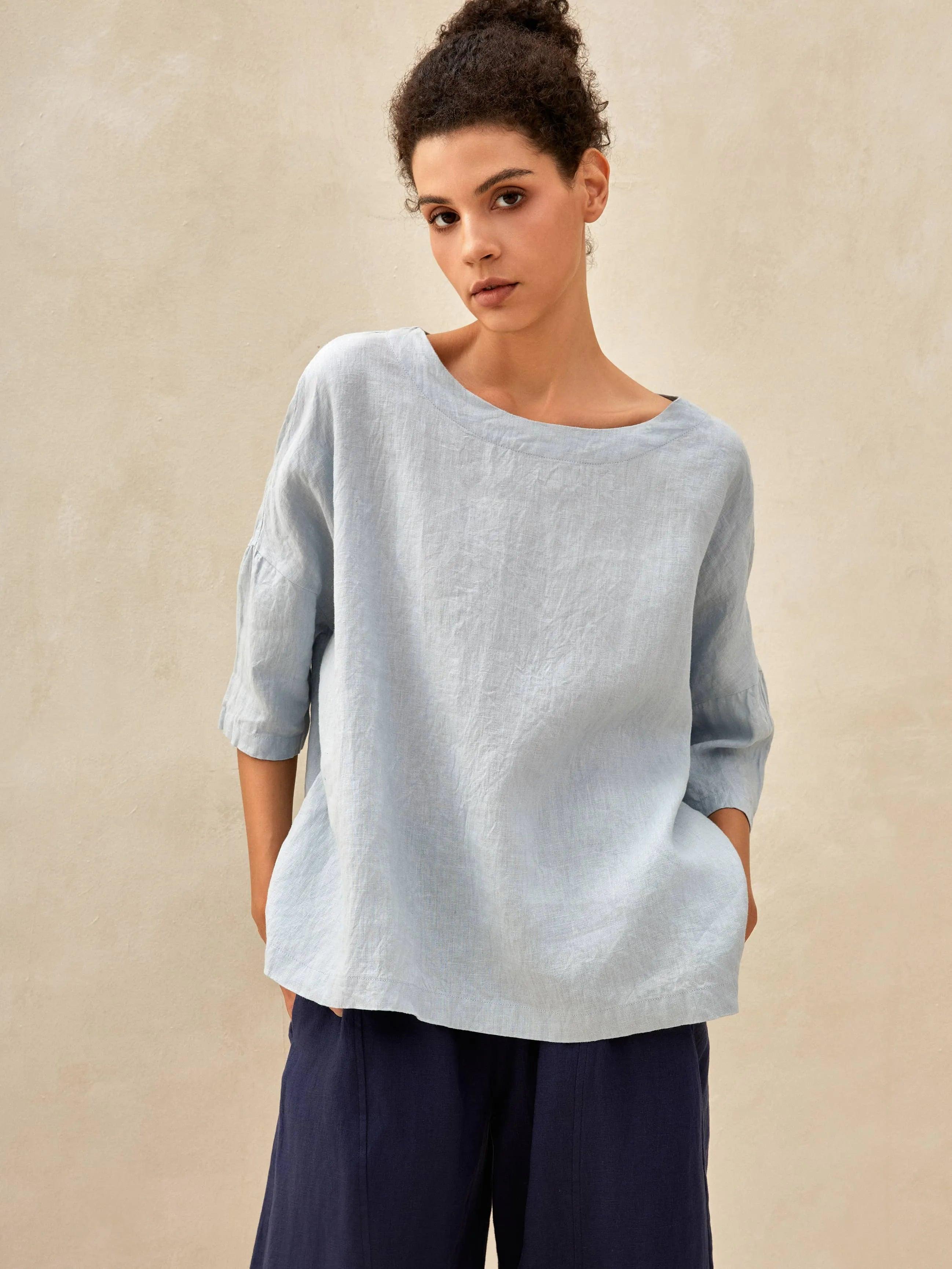 LINTICO 100% Linen Boatneck 3/4 Length Sleeve Top AURORA — main product shot
