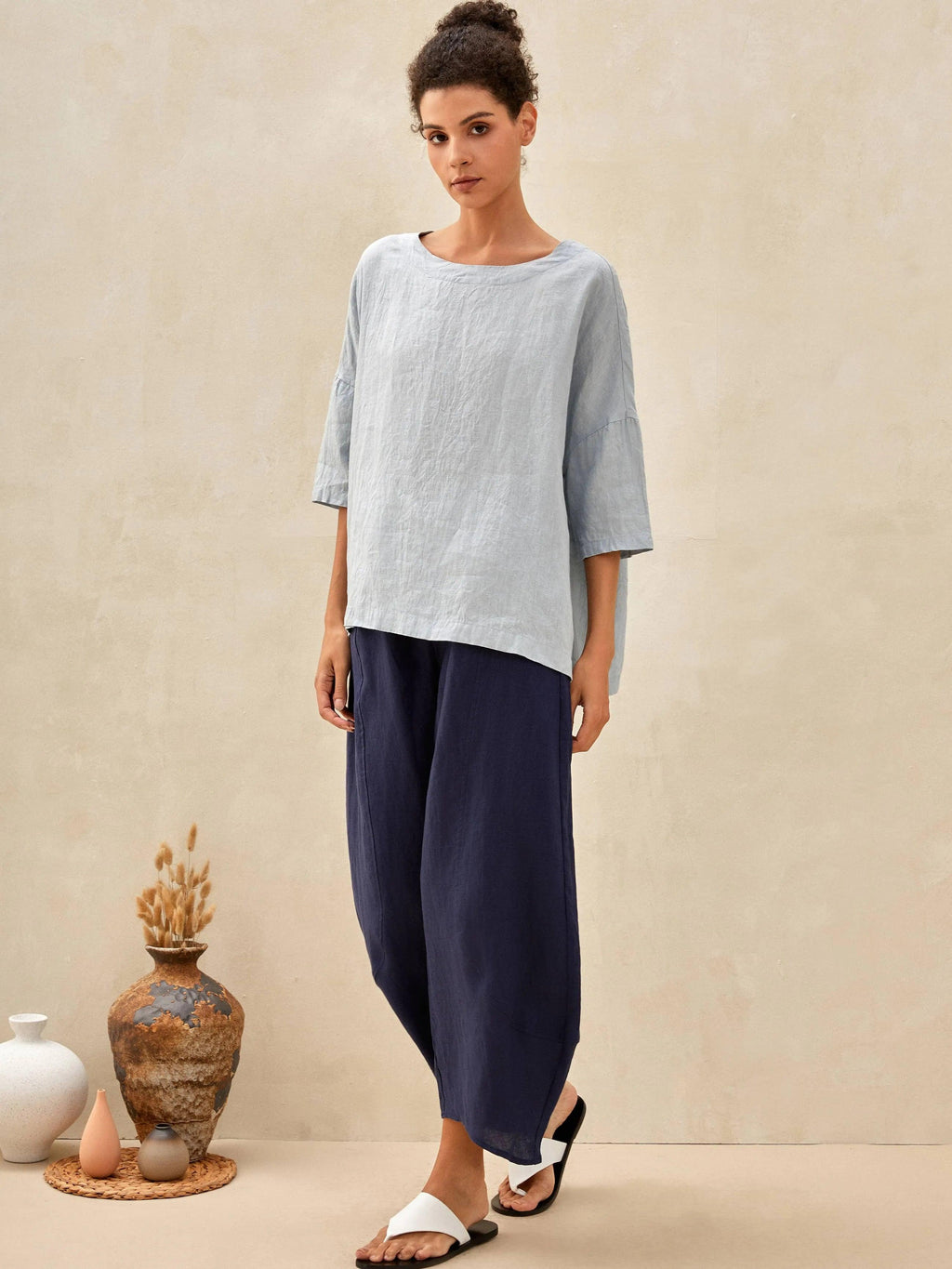 LINTICO 100% Linen Boatneck 3/4 Length Sleeve Top AURORA — detail shot 8