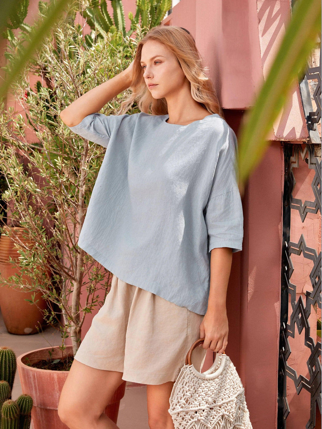 LINTICO 100% Linen Boatneck 3/4 Length Sleeve Top AURORA — lifestyle worn / used context