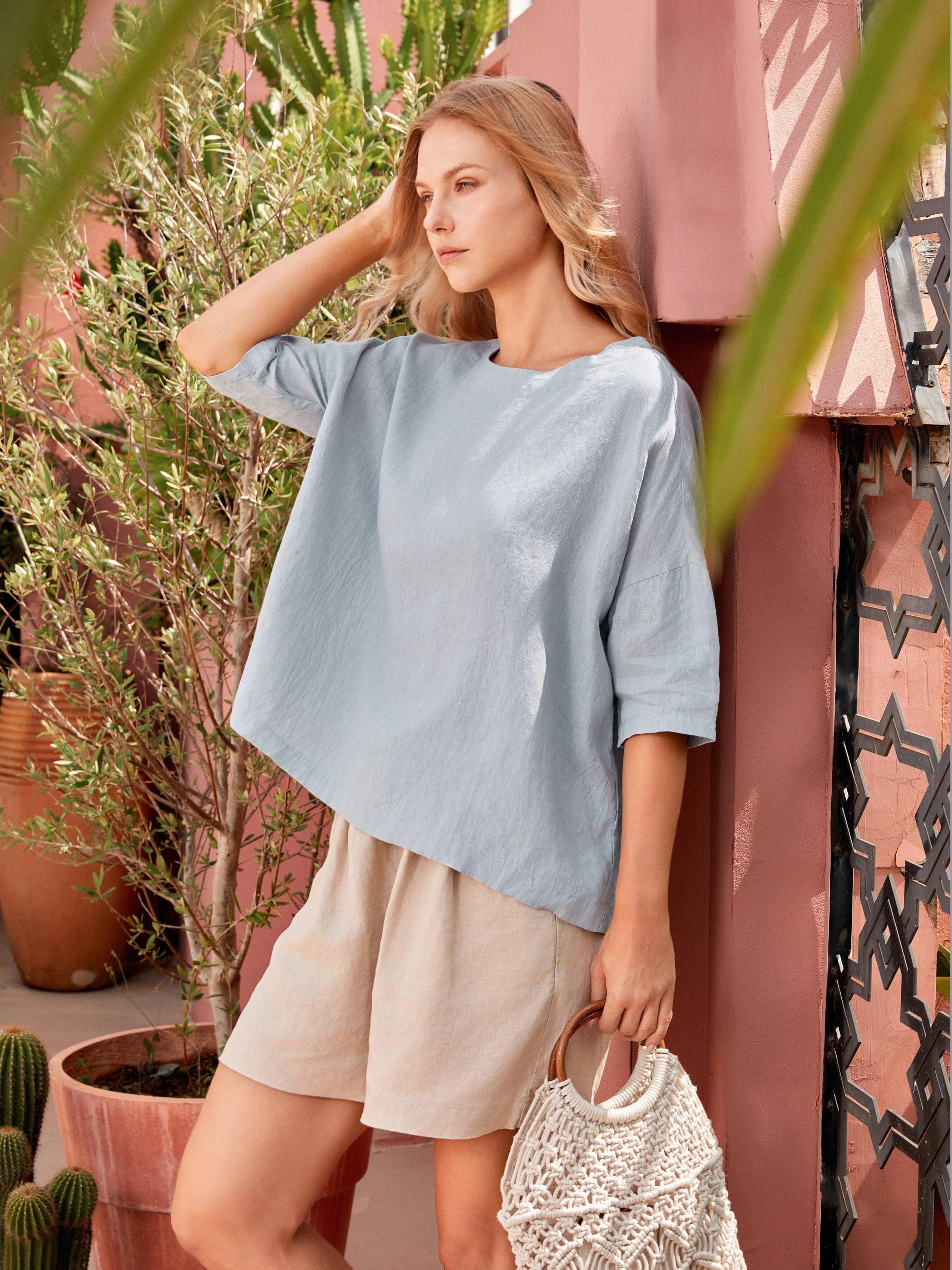 LINTICO 100% Linen Boatneck 3/4 Length Sleeve Top AURORA — lifestyle worn / used context