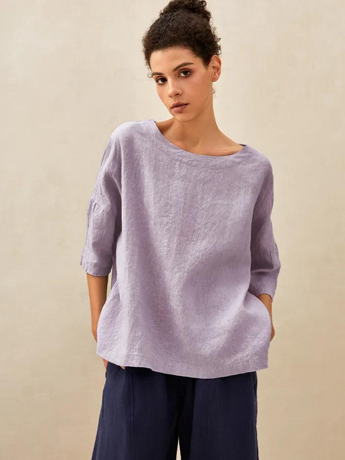 LINTICO 100% Linen Boatneck 3/4 Length Sleeve Top AURORA — comparison shot