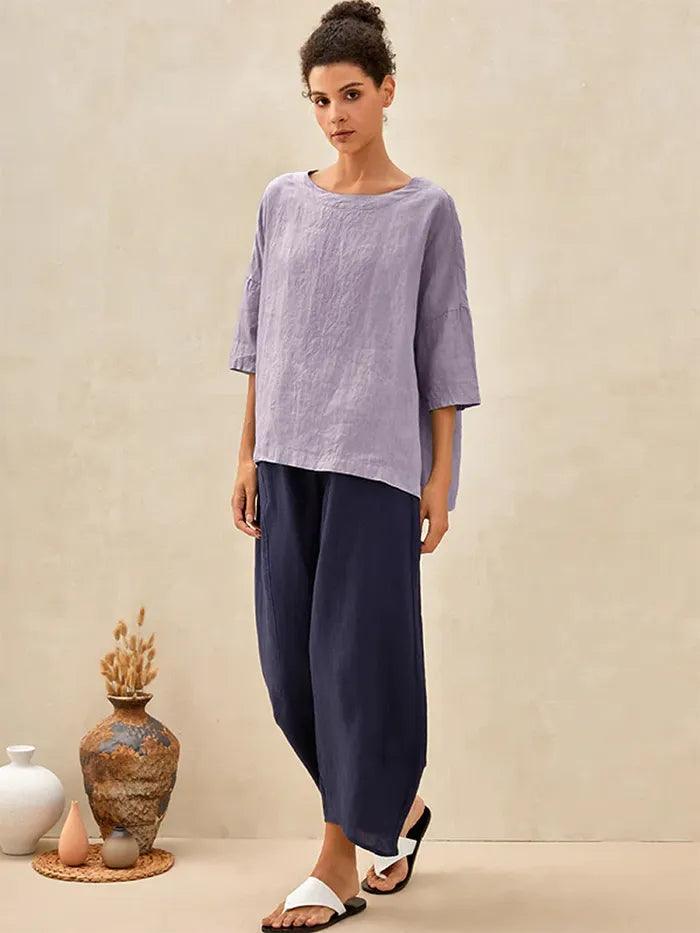 LINTICO 100% Linen Gingham Checked Boatneck 3/4 Length Sleeve Top AURORA — main product shot