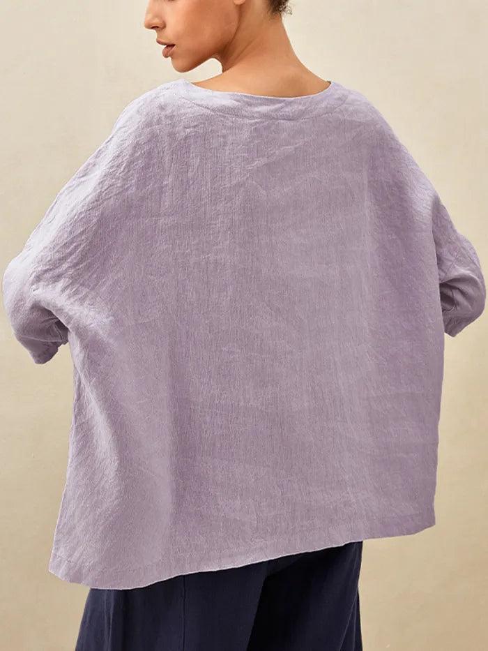 LINTICO 100% Linen Boatneck 3/4 Length Sleeve Top AURORA — product on model