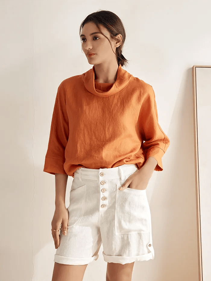 LINTICO Linen Button-Fly Quarter Shorts LUCY — lifestyle worn / used context