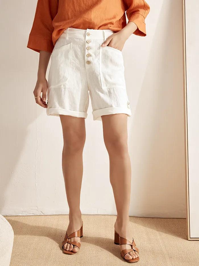 LINTICO Linen Button-Fly Quarter Shorts LUCY — detail shot 6