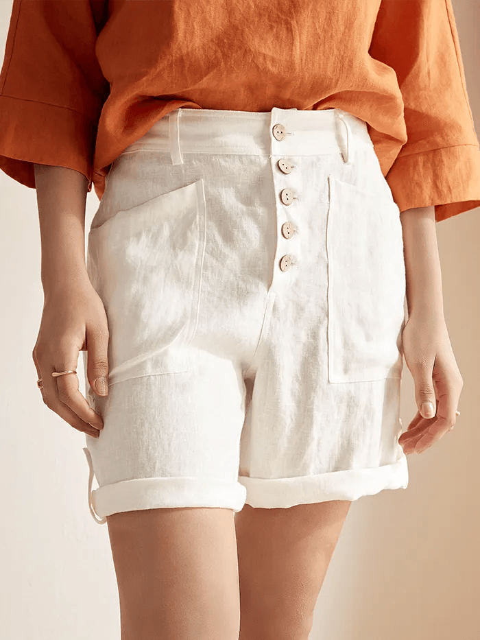 LINTICO Linen Button-Fly Quarter Shorts LUCY — bottoms-shorts-linen blend category context