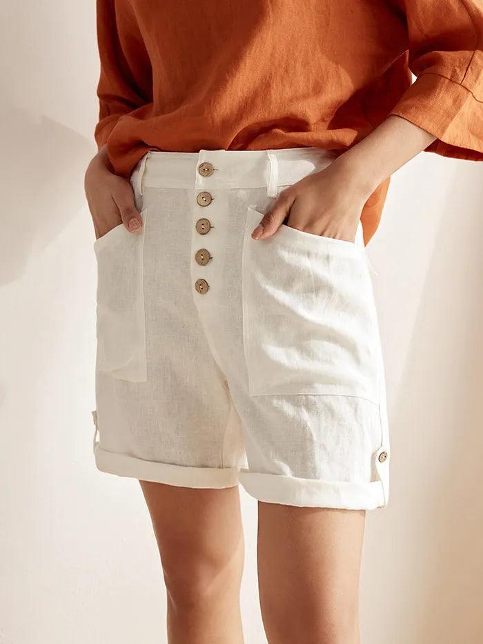 LINTICO Linen Button-Fly Quarter Shorts LUCY — construction detail