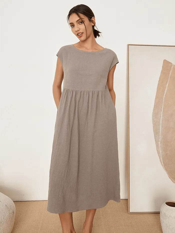 LINTICO Linen Striped Cap Sleeve Washed Maxi Dress JOAN — detail shot 7