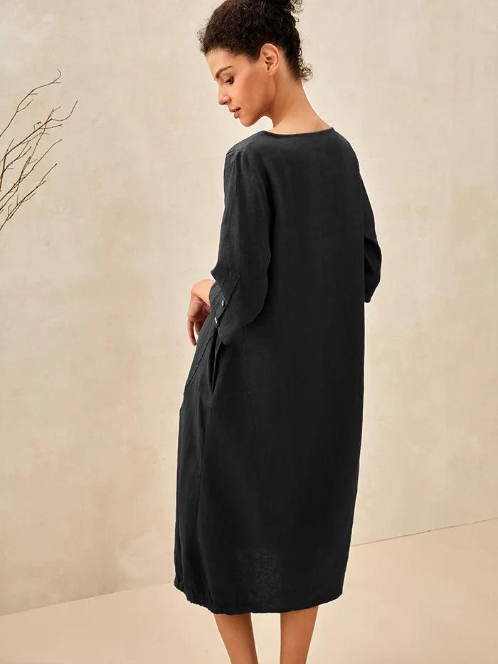 LINTICO 100% Linen Collarless Mid-Length Dress SOFIA — lifestyle context