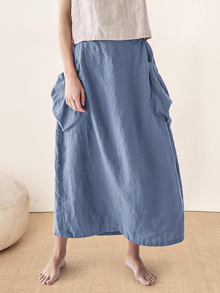 LINTICO Linen Checked Elastic Waist Skirt MARINA — product on model