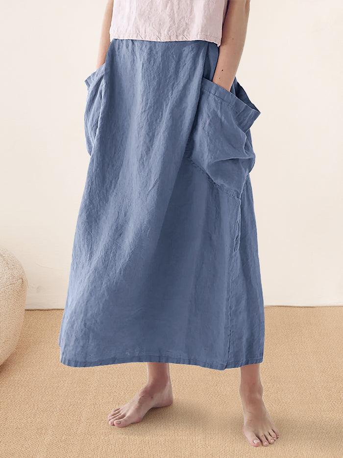 LINTICO Linen Checked Elastic Waist Skirt MARINA — side view