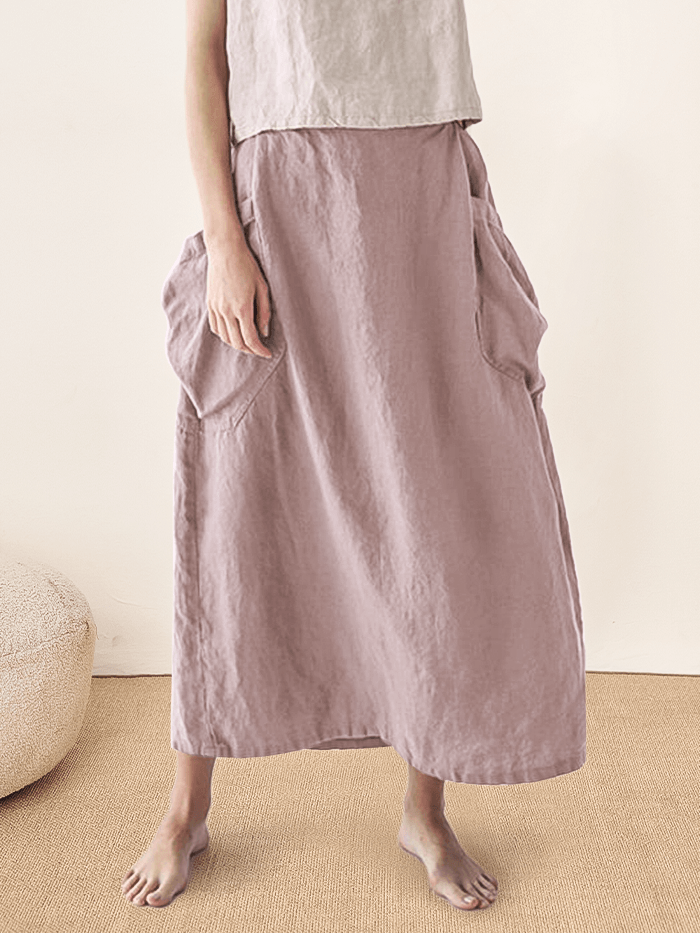 LINTICO Linen Checked Elastic Waist Skirt MARINA — detail close-up