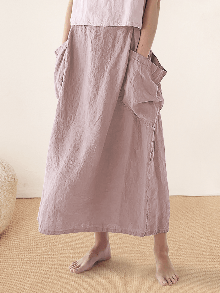 LINTICO Linen Checked Elastic Waist Skirt MARINA — main product shot