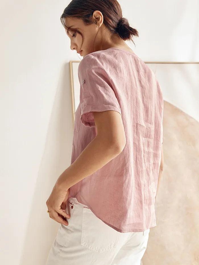 LINTICO LINTICO 100% Linen Gathered-Neck Shirt URSULA — LINTICO branding close-up