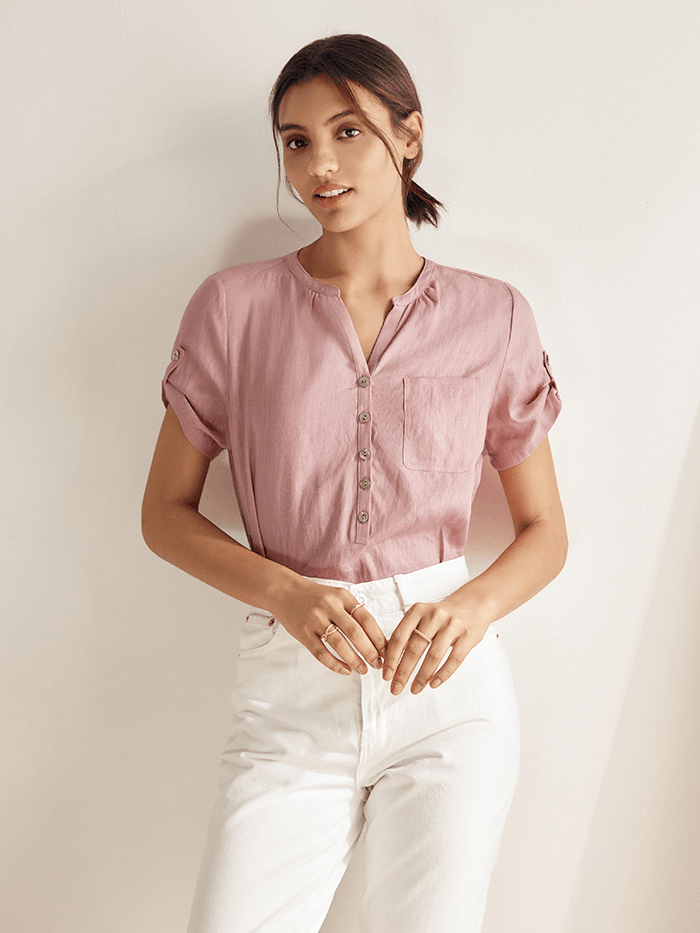 LINTICO LINTICO 100% Linen Gathered-Neck Shirt URSULA — lifestyle worn / used context