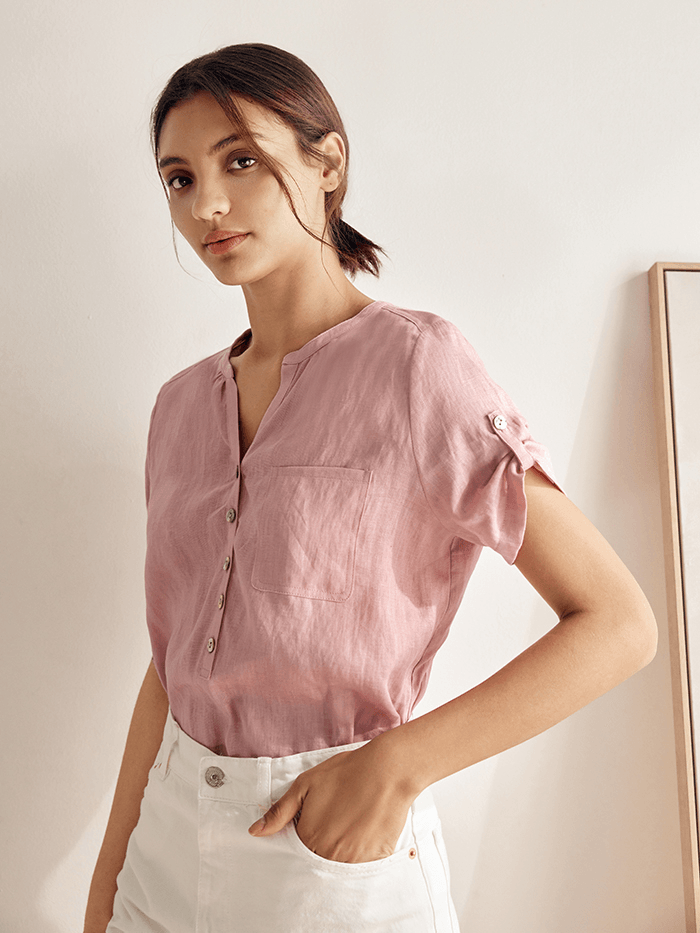 LINTICO LINTICO 100% Linen Gathered-Neck Shirt URSULA — construction detail