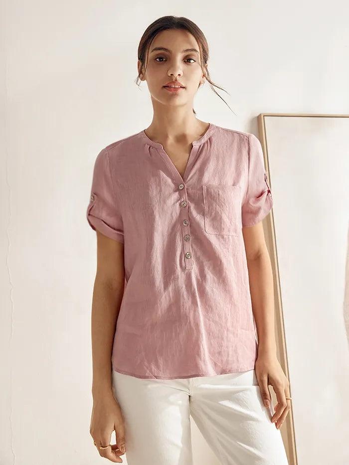 LINTICO LINTICO 100% Linen Gathered-Neck Shirt URSULA — main product shot