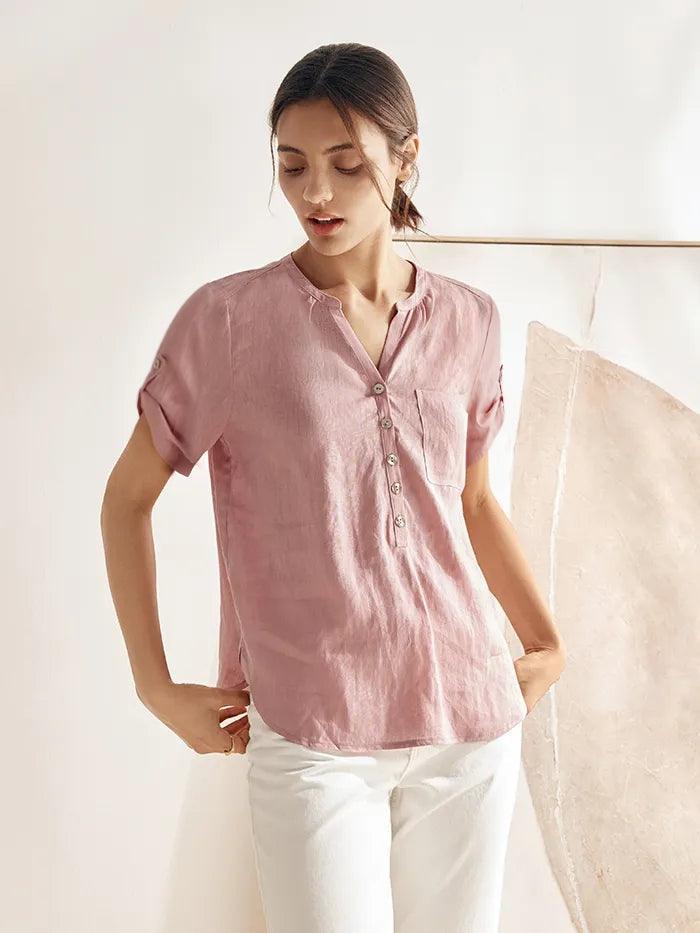 LINTICO LINTICO 100% Linen Gathered-Neck Shirt URSULA — tops-blouses-linen category context