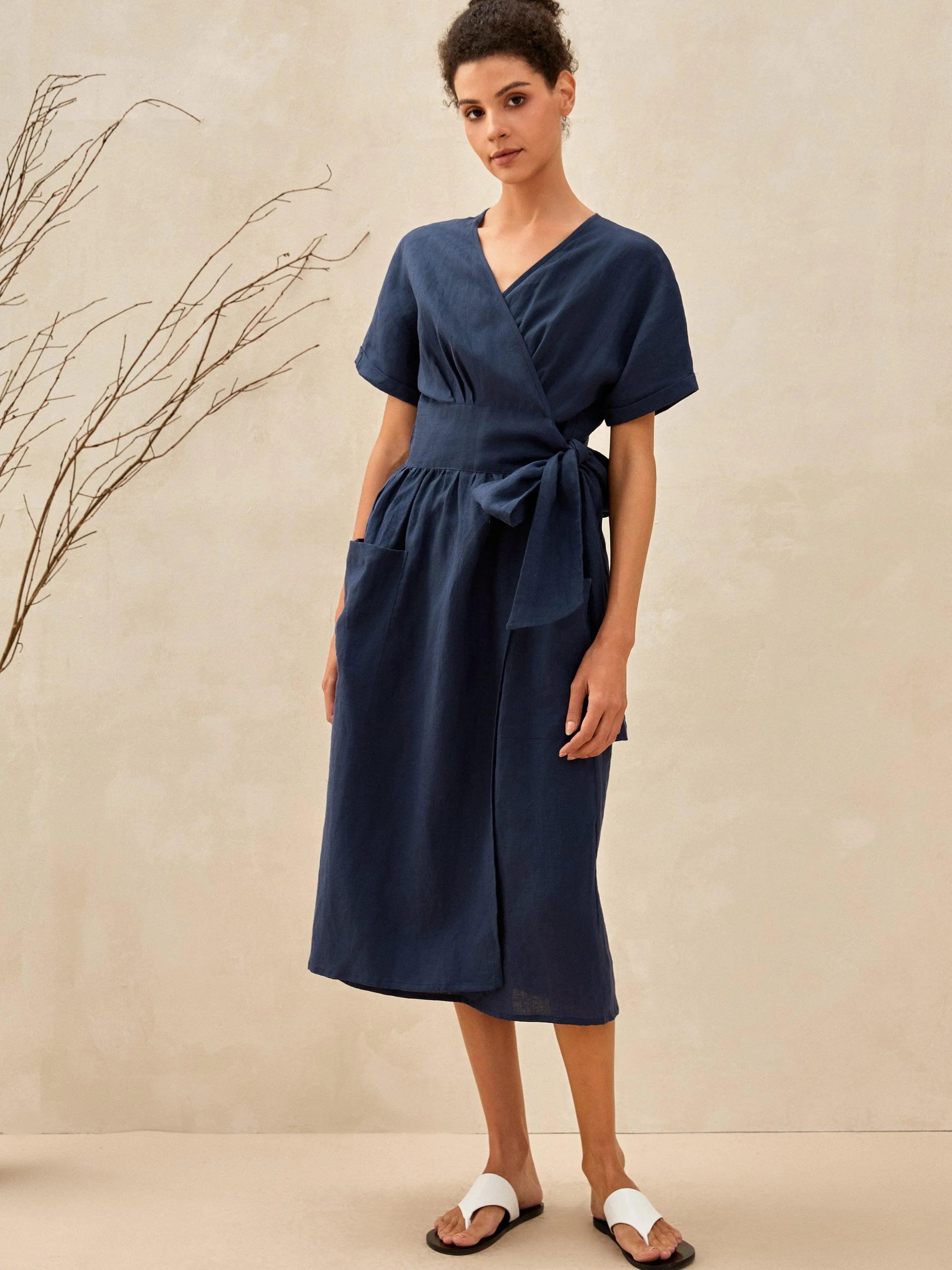 LINTICO 100% Linen Kimono Dress CELESTE — construction detail