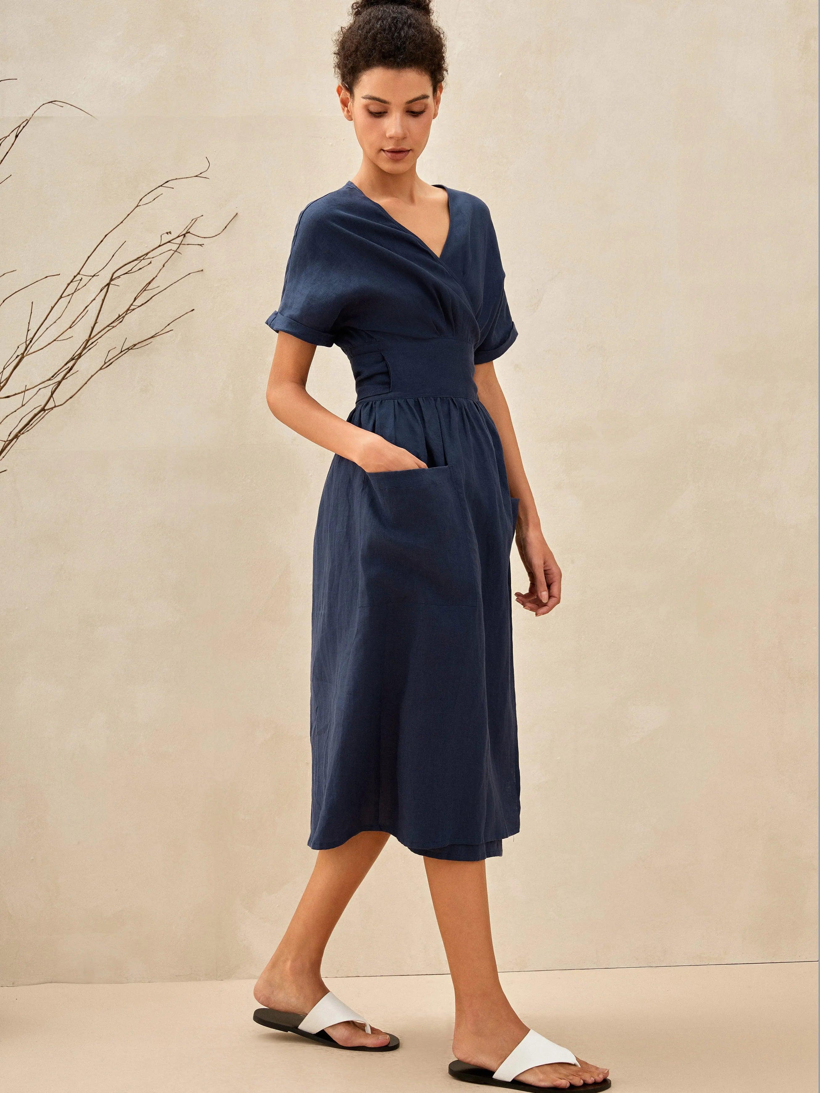 LINTICO 100% Linen Kimono Dress CELESTE — dresses-midi dresses-linen category context