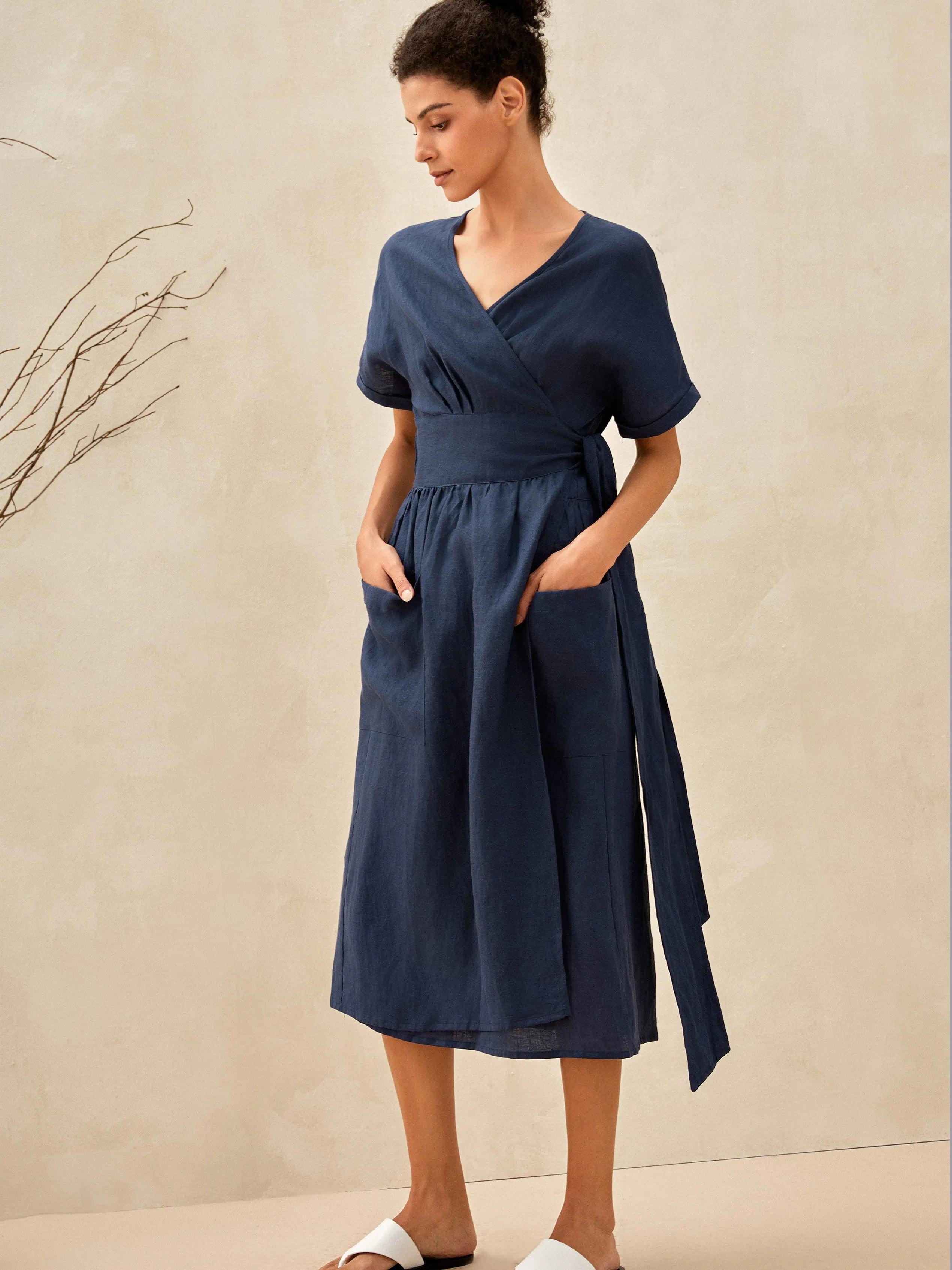 LINTICO 100% Linen Kimono Dress CELESTE — main product shot