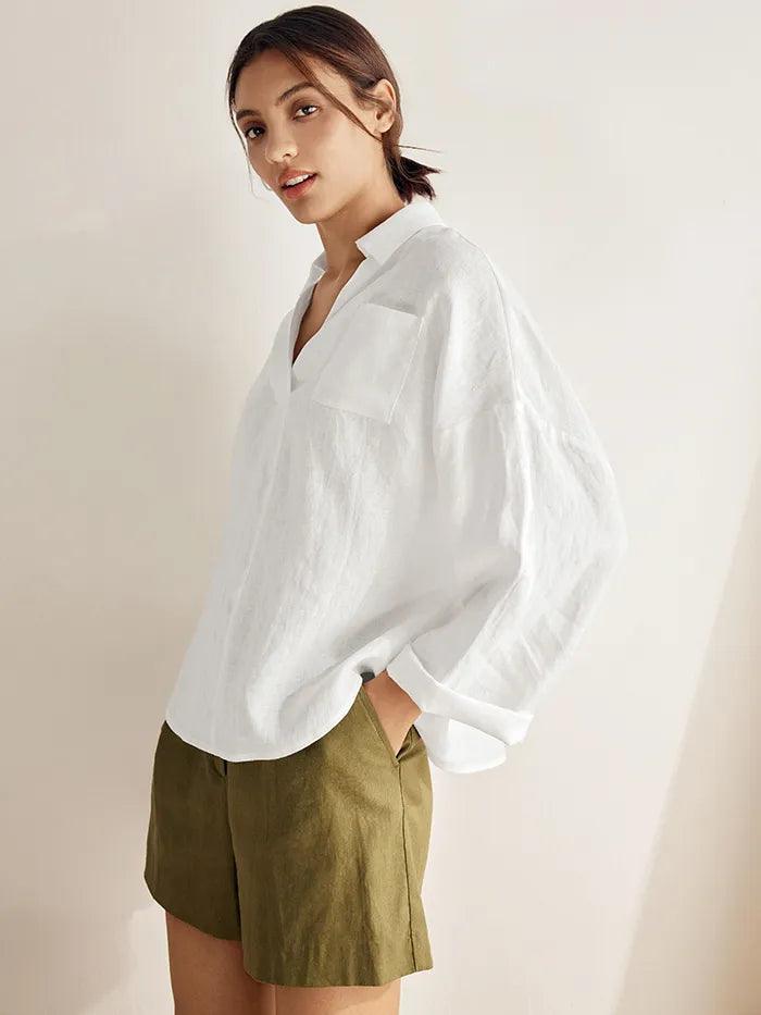 LINTICO Linen Oversized Fit Pocket Shirt ELOWEN — LINTICO branding close-up