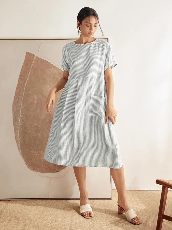 LINTICO 100% Linen Pinstripe Paneled Short-Sleeved Dress MORGAN — detail shot 9