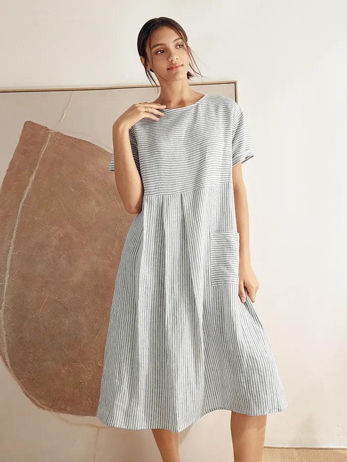 LINTICO 100% Linen Pinstripe Paneled Short-Sleeved Dress MORGAN — detail shot 7