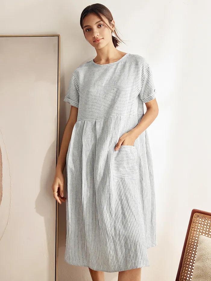LINTICO 100% Linen Pinstripe Paneled Short-Sleeved Dress MORGAN — detail shot 6