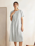 LINTICO 100% Linen Pinstripe Paneled Short-Sleeved Dress MORGAN — main product shot