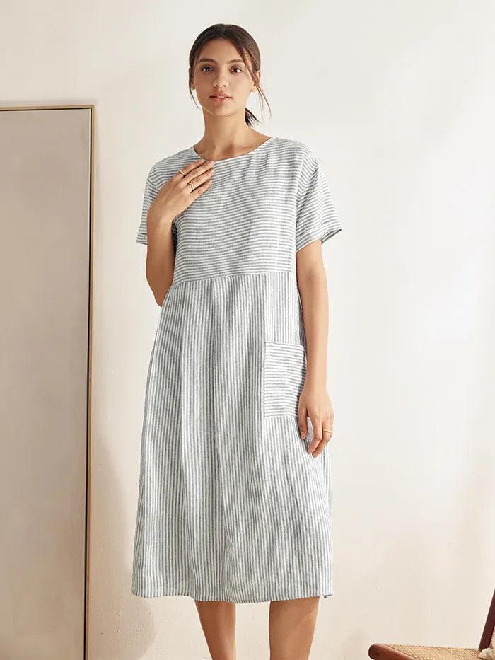 LINTICO 100% Linen Pinstripe Paneled Short-Sleeved Dress MORGAN — main product shot