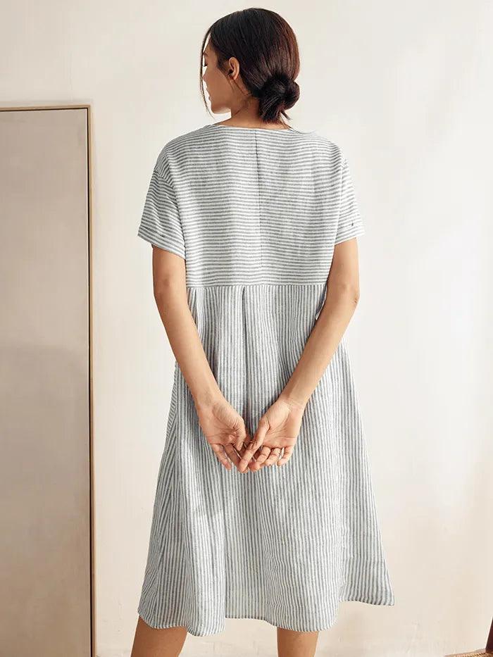 LINTICO 100% Linen Pinstripe Paneled Short-Sleeved Dress MORGAN — detail shot 8