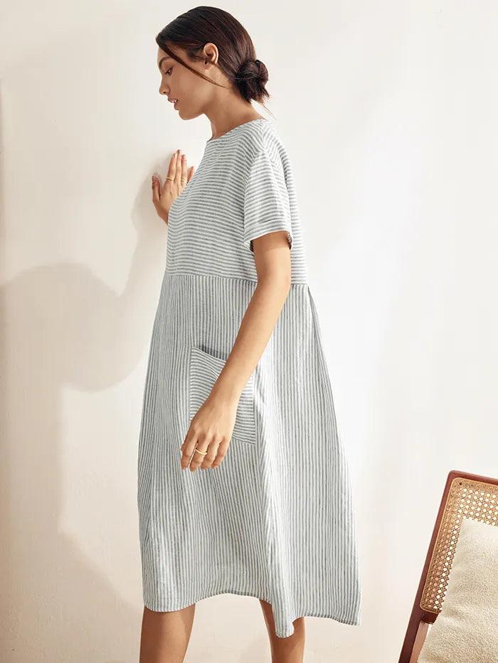 LINTICO 100% Linen Pinstripe Paneled Short-Sleeved Dress MORGAN — lifestyle worn / used context