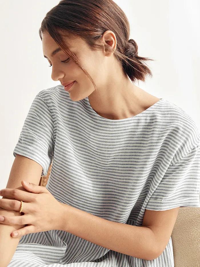LINTICO 100% Linen Pinstripe Paneled Short-Sleeved Dress MORGAN — detail shot 10