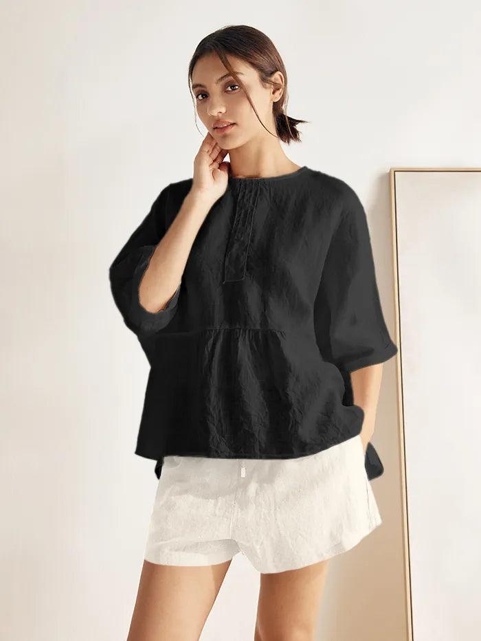 LINTICO 100% Linen Round Neck Mid-Sleeve Top ROBYN — fabric or material detail
