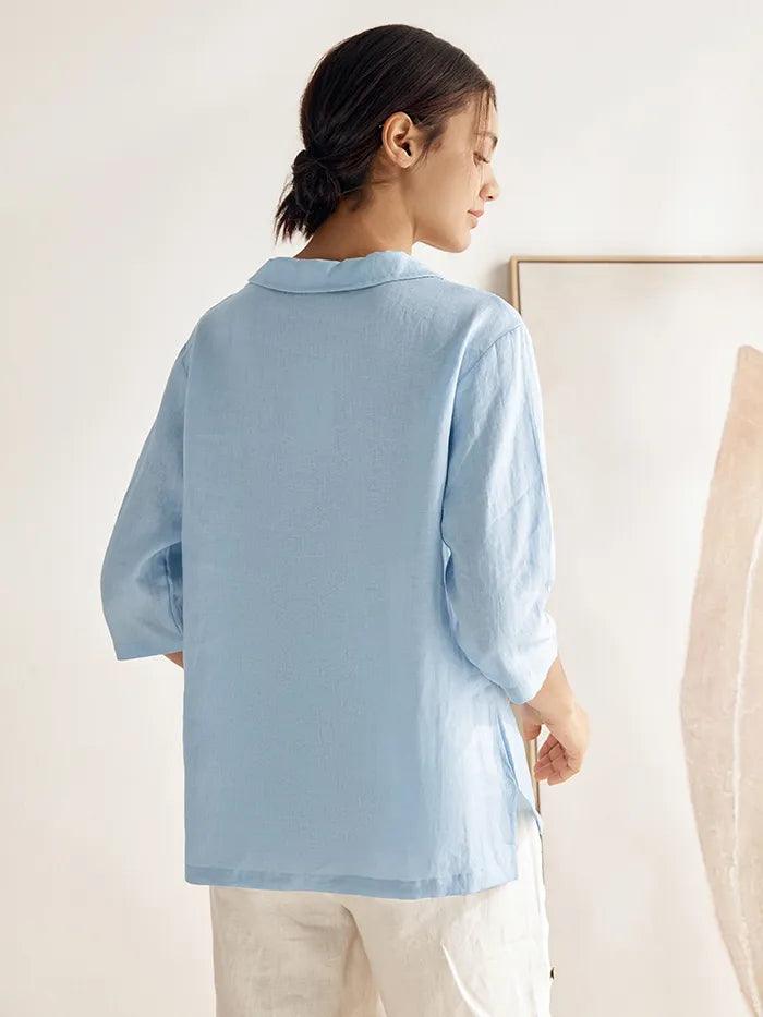 LINTICO 100% Linen Shawl V-Neck Half Sleeve Top JADE — detail shot 7