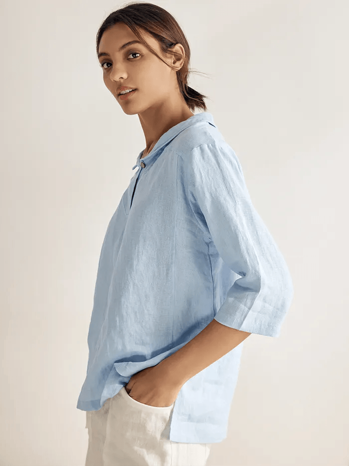 LINTICO 100% Linen Shawl V-Neck Half Sleeve Top JADE — product on model