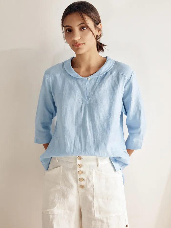 LINTICO 100% Linen Shawl V-Neck Half Sleeve Top JADE — flat-lay composition