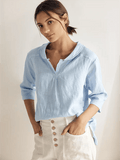 LINTICO 100% Linen Shawl V-Neck Half Sleeve Top JADE — main product shot