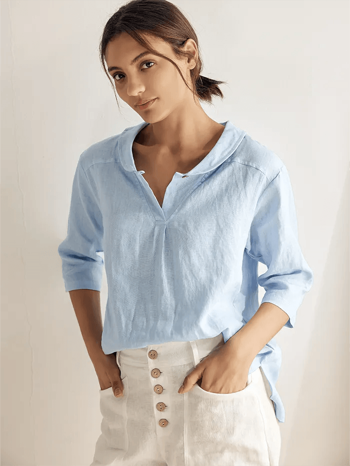 LINTICO 100% Linen Shawl V-Neck Half Sleeve Top JADE — size reference