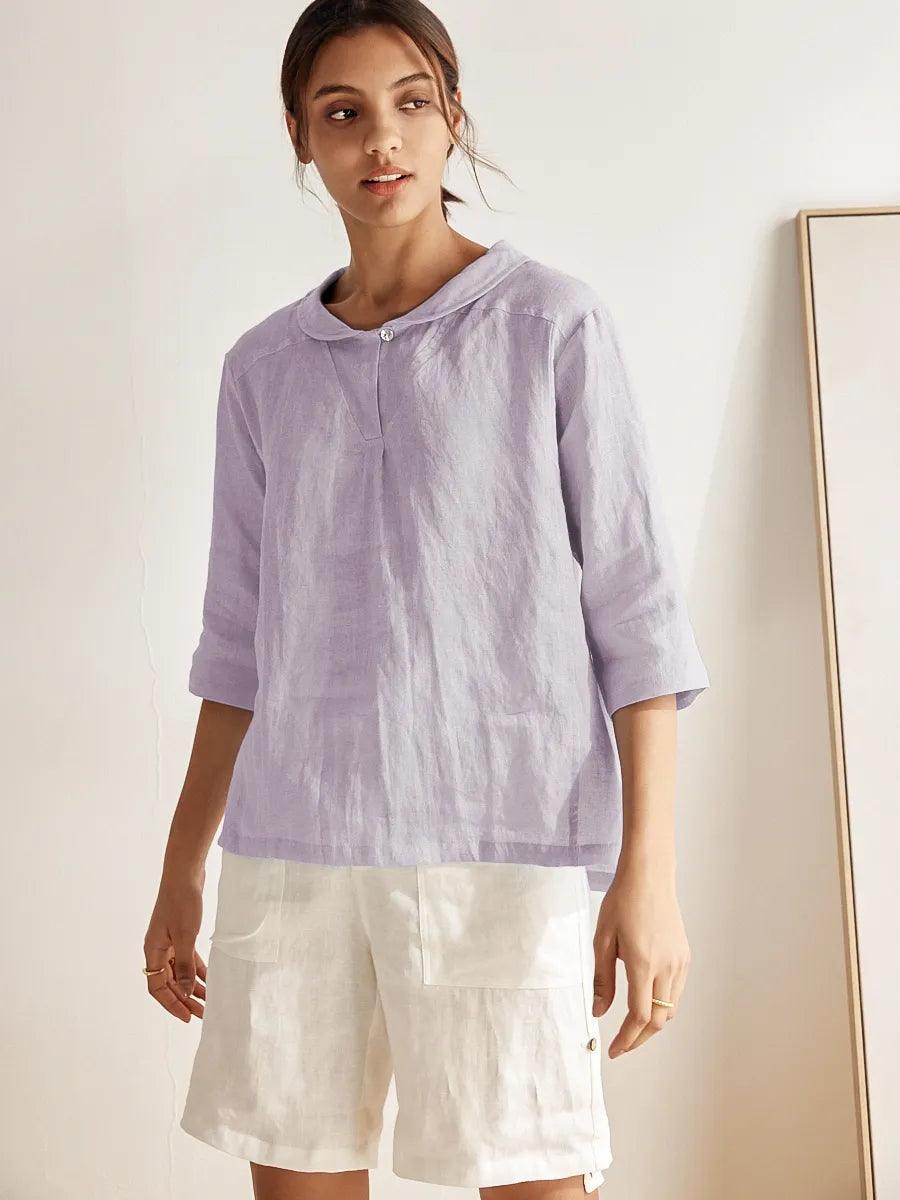LINTICO 100% Linen Stripe Shawl V-Neck Half Sleeve Top JADE — main product shot