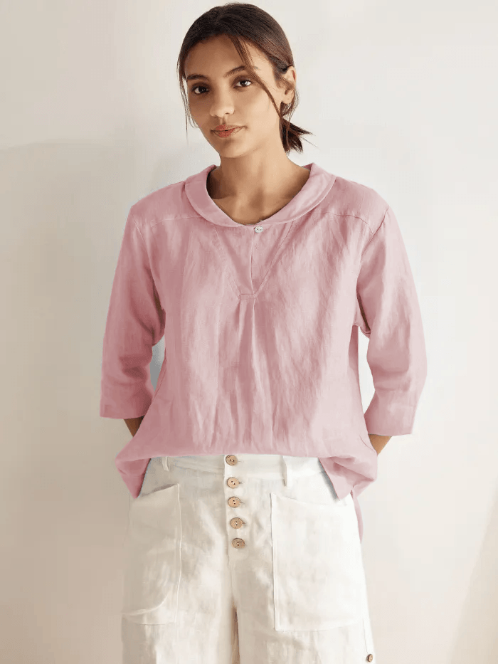 LINTICO 100% Linen Shawl V-Neck Half Sleeve Top JADE — lifestyle worn / used context